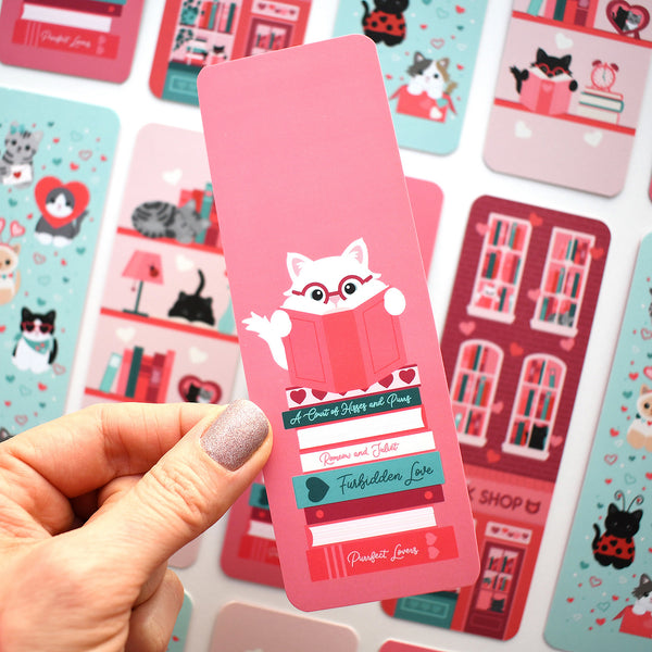 Romance Book Stack Cat Bookmark