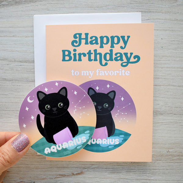 Aquarius Zodiac Cat Birthday Sticker Card