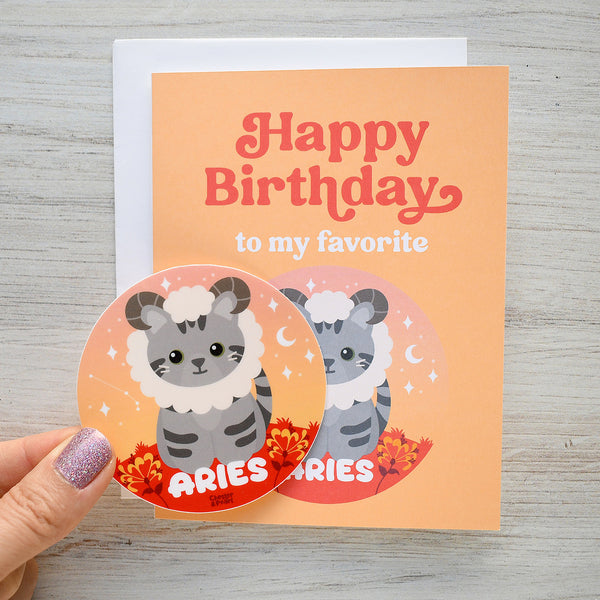 Aries Zodiac Cat Birthday Sticker Card