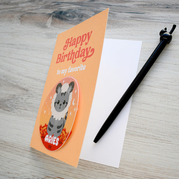 Aries Zodiac Cat Birthday Sticker Card