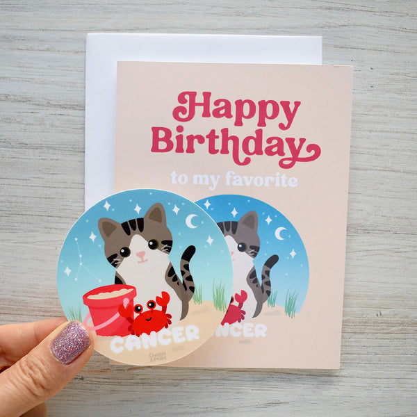 Cancer Zodiac Cat Birthday Sticker Card