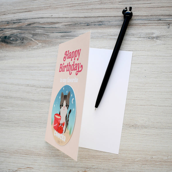 Cancer Zodiac Cat Birthday Sticker Card
