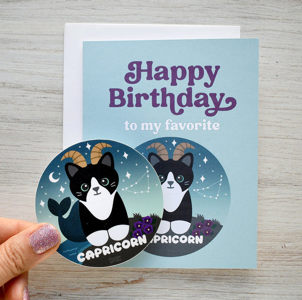 Capricorn Zodiac Cat Birthday Sticker Card