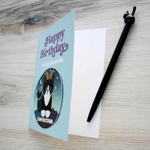 Capricorn Zodiac Cat Birthday Sticker Card