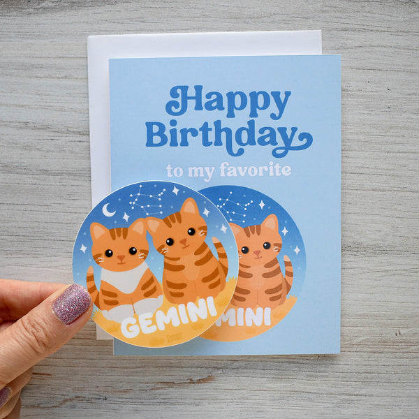 Gemini Zodiac Cat Birthday Sticker Card