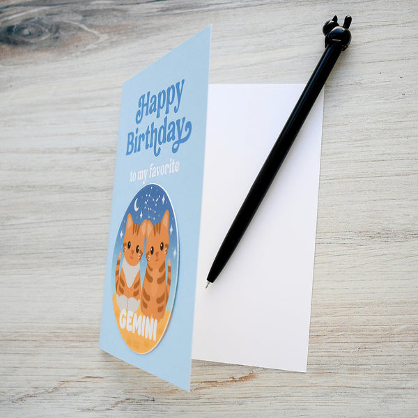 Gemini Zodiac Cat Birthday Sticker Card