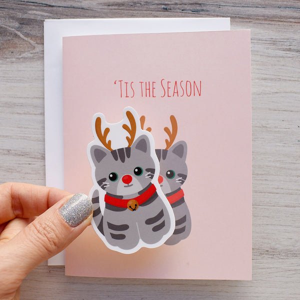 Cat Reindeer Holiday Sticker Card
