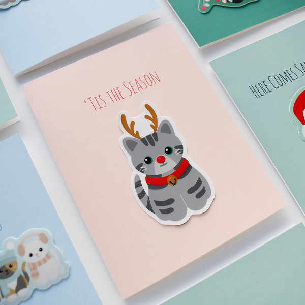 Cat Reindeer Holiday Sticker Card