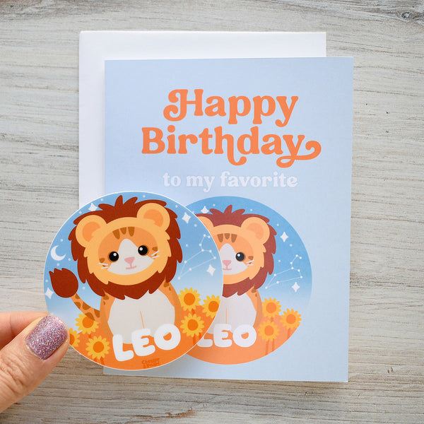 Leo Zodiac Cat Birthday Sticker Card