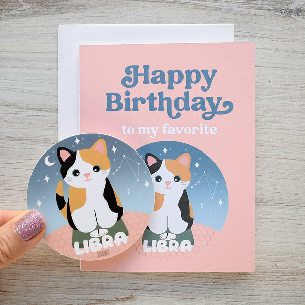 Libra Zodiac Cat Birthday Sticker Card