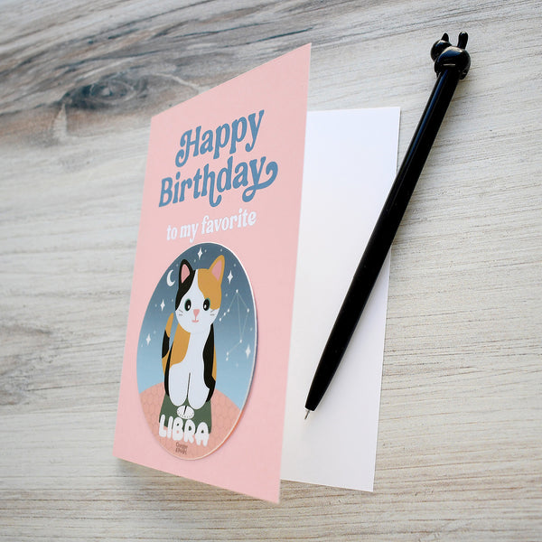 Libra Zodiac Cat Birthday Sticker Card