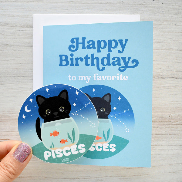 Pisces Zodiac Cat Birthday Sticker Card