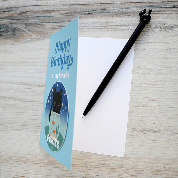 Pisces Zodiac Cat Birthday Sticker Card