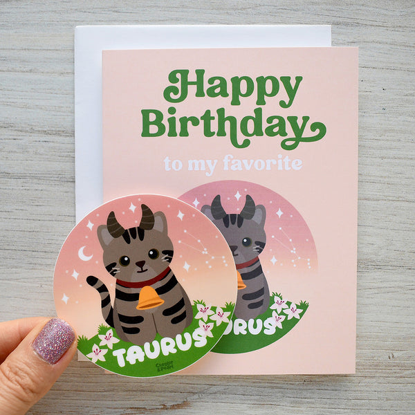 Taurus Zodiac Cat Birthday Sticker Card