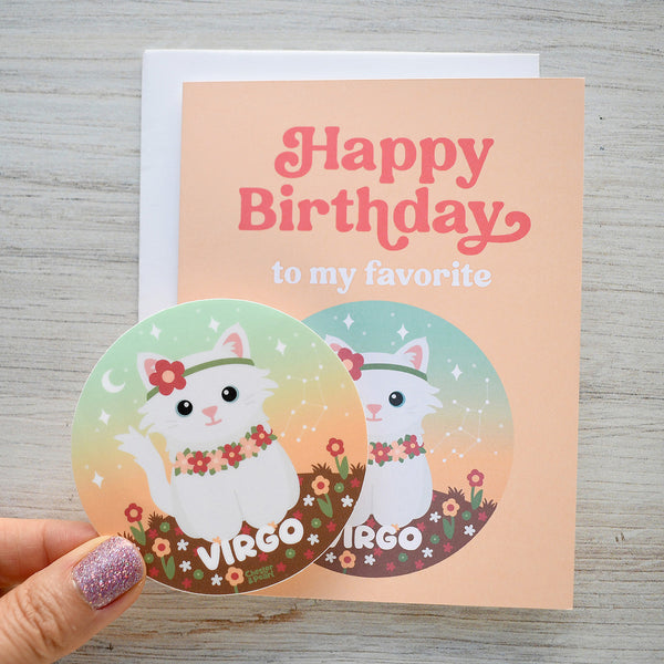 Virgo Zodiac Cat Birthday Sticker Card