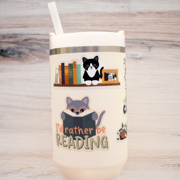 I'd Rather Be Reading 3-in. Vinyl Gray Cat Sticker