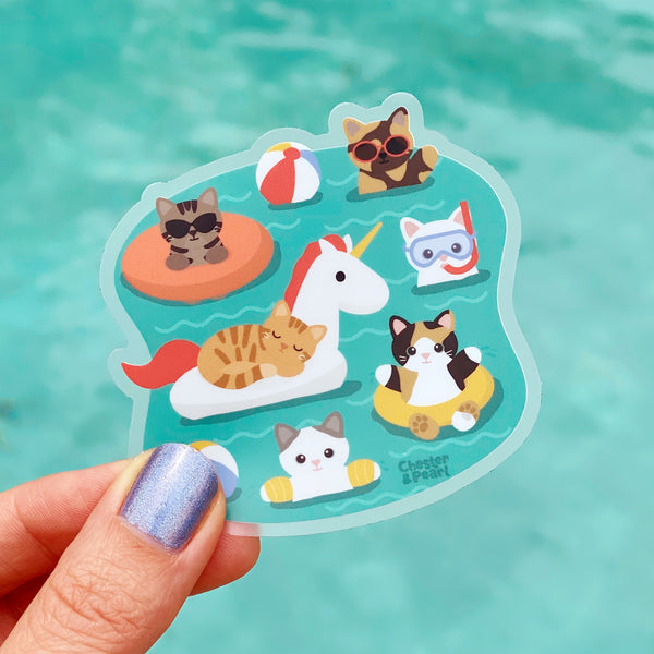 Pool Pawty 3-in. Clear Vinyl Cat Sticker