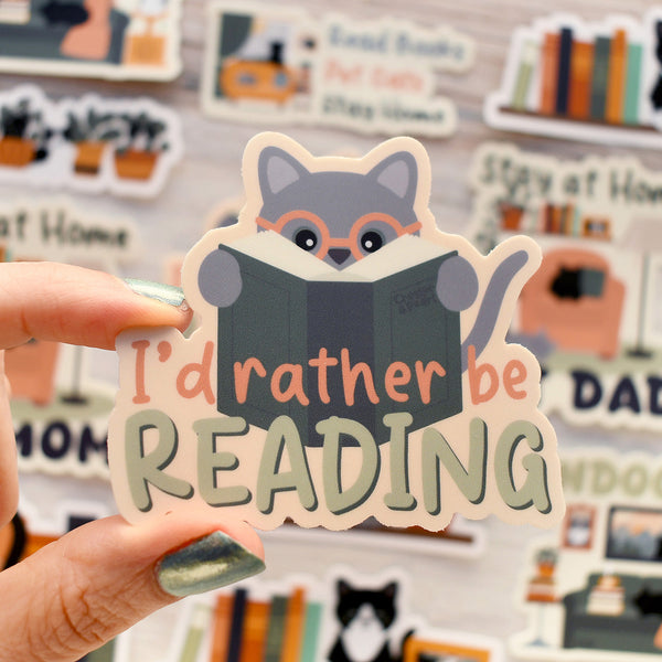 I'd Rather Be Reading 3-in. Vinyl Gray Cat Sticker