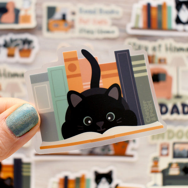 Bookish Kitty 3-in. Clear Vinyl Black Cat Sticker