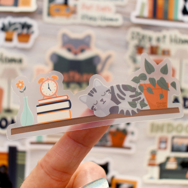 Gray Tabby on a Bookshelf 4-in. Clear Vinyl Cat Sticker