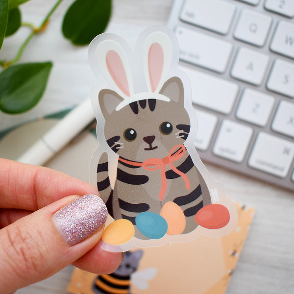 Brown Tabby Bunny Cat 3-in. Clear Vinyl Sticker