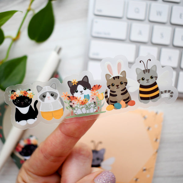 Row of Springtime Cats 4-in. Clear Vinyl Sticker