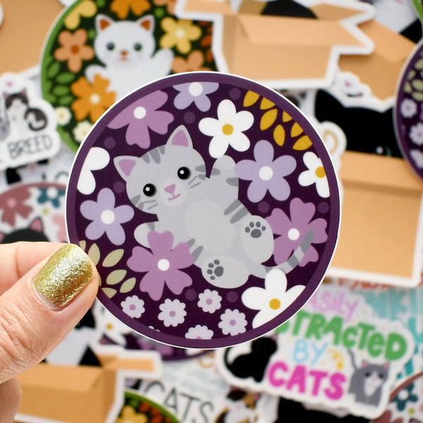 Gray Tabby Cat in Flowers 3-in. Round Vinyl Sticker