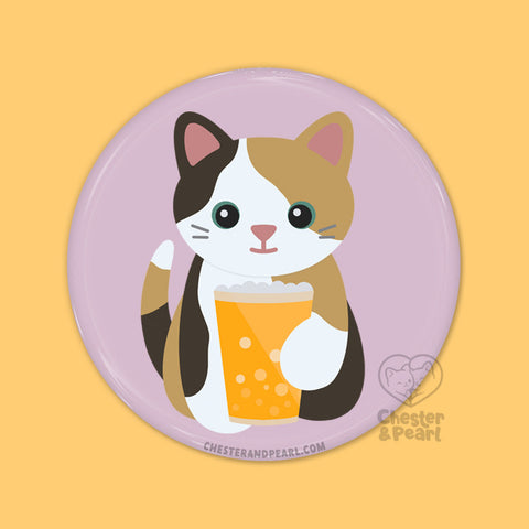 Purrfect Pint Calico Cat Pin or Magnet
