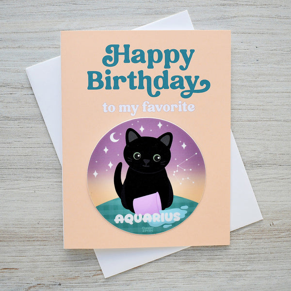 Aquarius Zodiac Cat Birthday Sticker Card