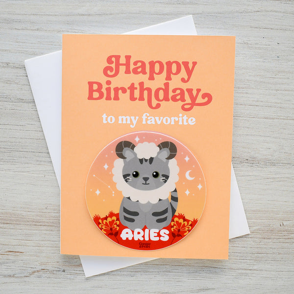 Aries Zodiac Cat Birthday Sticker Card