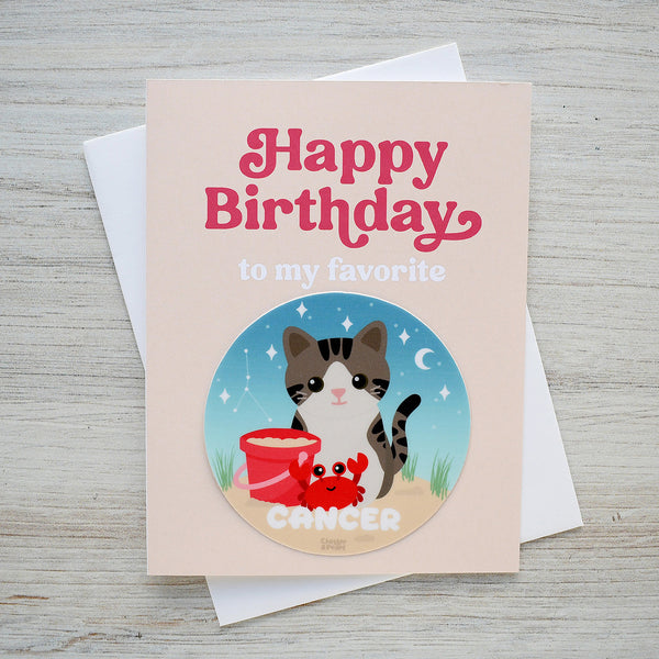 Cancer Zodiac Cat Birthday Sticker Card