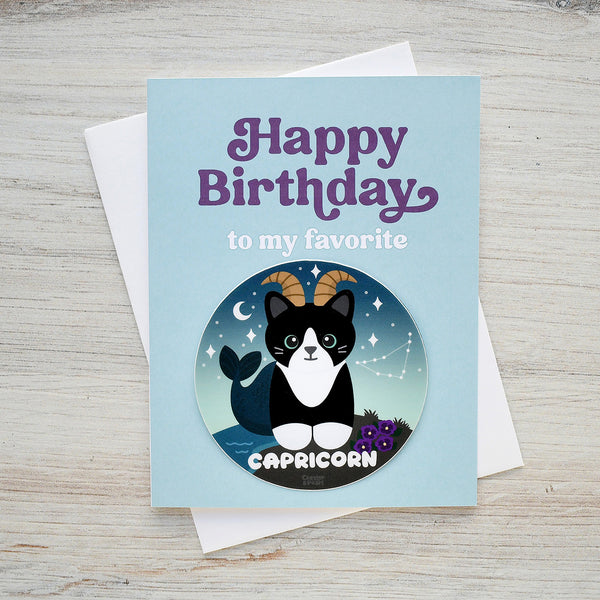 Capricorn Zodiac Cat Birthday Sticker Card