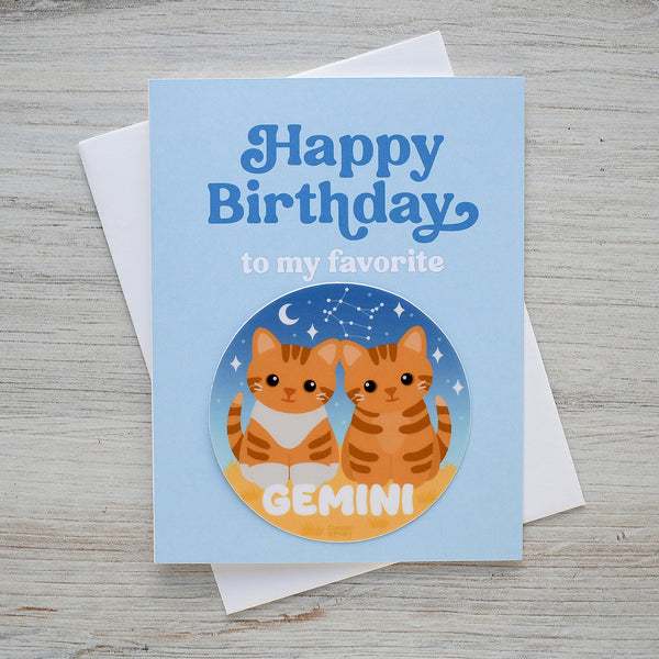 Gemini Zodiac Cat Birthday Sticker Card