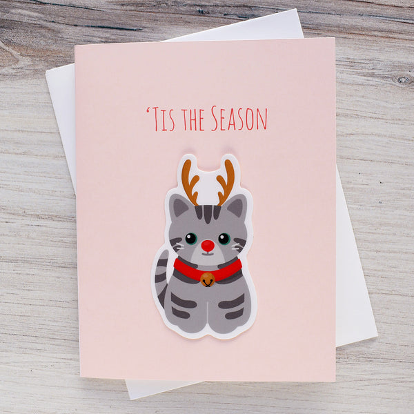 Cat Reindeer Holiday Sticker Card