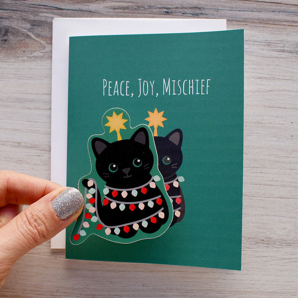 Christmas Tree Cat Holiday Sticker Card