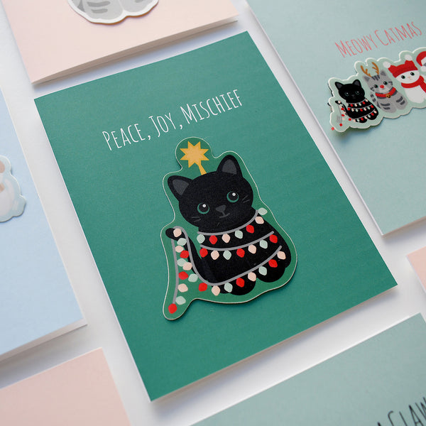 Christmas Tree Cat Holiday Sticker Card