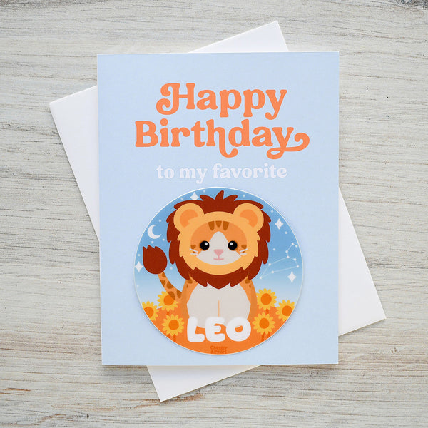 Leo Zodiac Cat Birthday Sticker Card