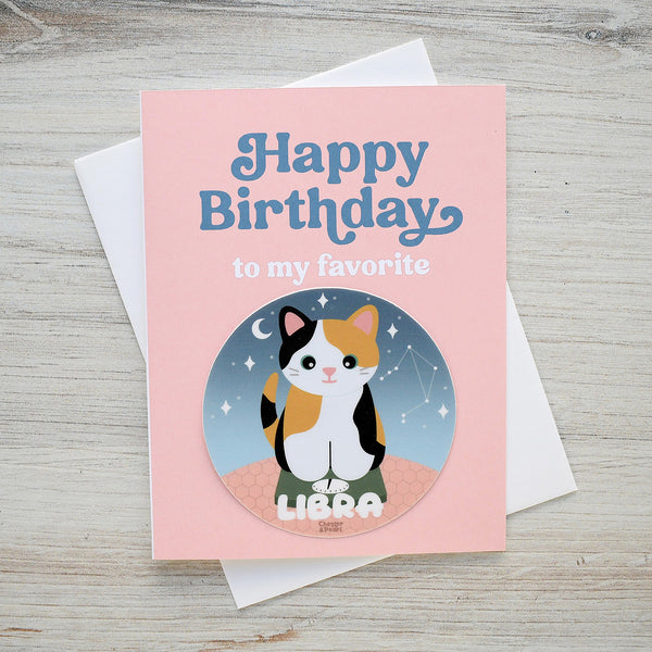 Libra Zodiac Cat Birthday Sticker Card