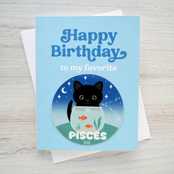 Pisces Zodiac Cat Birthday Sticker Card