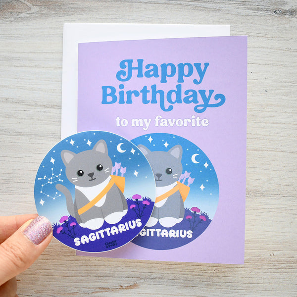 Sagittarius Zodiac Cat Birthday Sticker Card