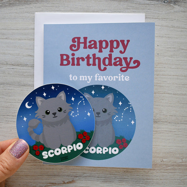 Scorpio Zodiac Cat Birthday Sticker Card