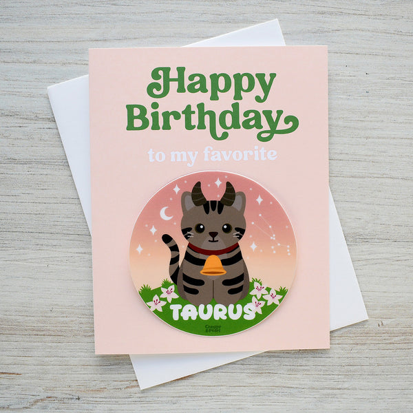 Taurus Zodiac Cat Birthday Sticker Card