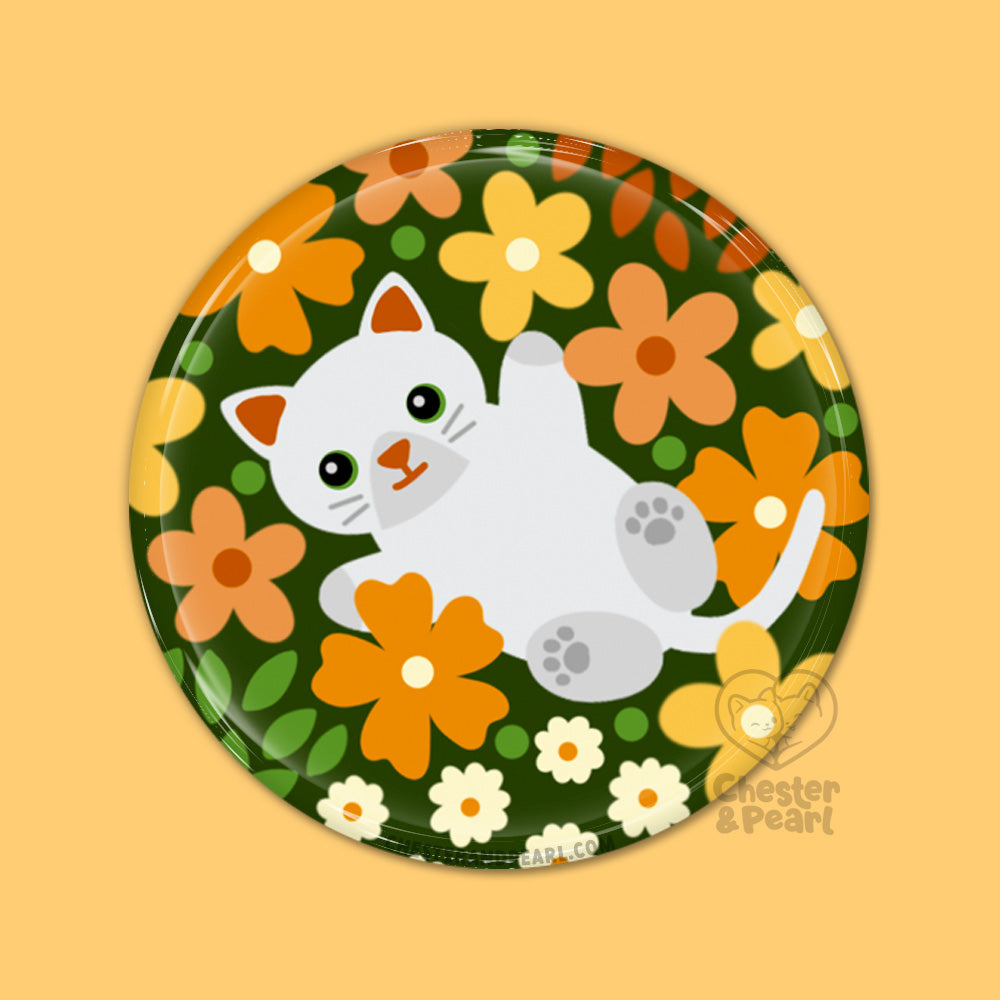 Flower Friskies White Cat Pin or Magnet