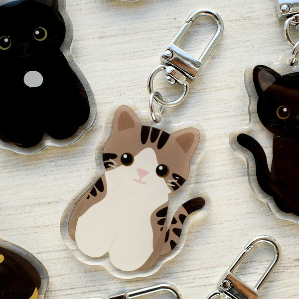 Brown and white tabby cat acrylic keychain