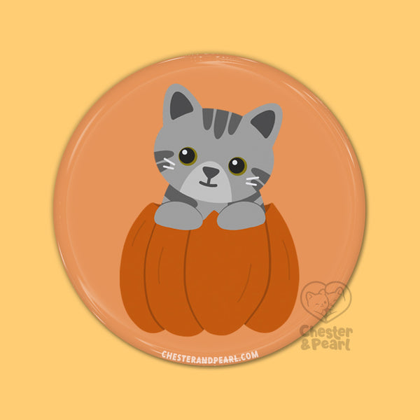 Gray Pumpkin Cat Pin or Magnet