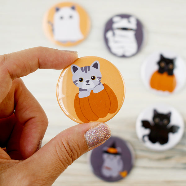 Gray Pumpkin Cat Pin or Magnet