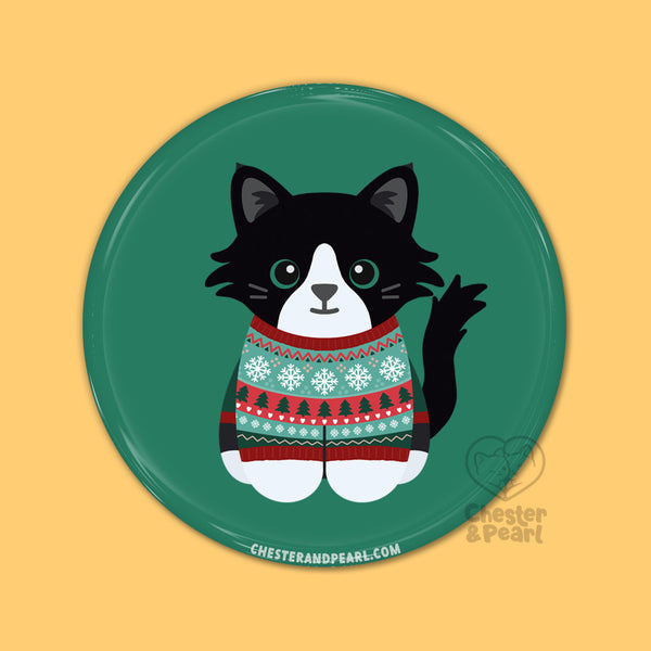 Christmas Sweater Cat Pin or Magnet