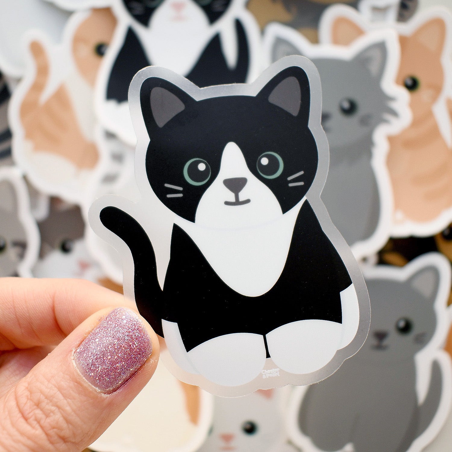 Looks Like My Cat! Black tuxedo cat with white blaze and black nose sticker