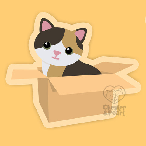 Calico Cat in Box 3-in. Clear Vinyl Sticker