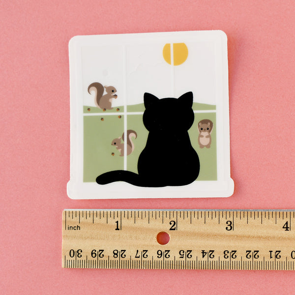 Squirrel-Watching Black Cat 3x3-in. Clear Vinyl Sticker